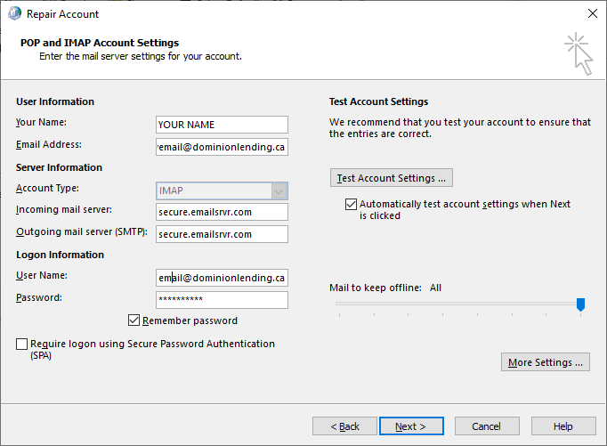 incoming mail server for outlook 365